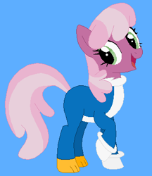 Size: 345x400 | Tagged: safe, artist:selenaede, artist:skylaskies, cheerilee, earth pony, pony, base used, blue background, clothes, costume, female, gloves, mare, open mouth, raised hoof, raised leg, simple background, the new woody woodpecker show, woody woodpecker