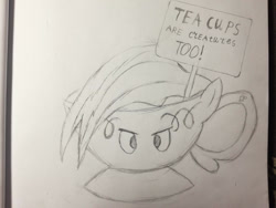 Size: 1386x1040 | Tagged: safe, artist:rainbowdash1804, imported from derpibooru, rainbow dash, cup, female, inanimate tf, monochrome, objectification, sign, solo, teacup, teacupified, traditional art, transformation