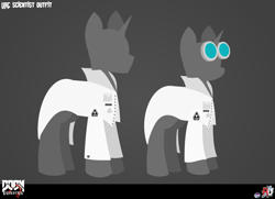 Size: 2826x2049 | Tagged: safe, artist:isaac_pony, imported from derpibooru, pony, unicorn, badge, buttons, doom equestria, female, glasses, high res, horn, logo, male, scientist, text, uac, vector