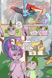 Size: 960x1440 | Tagged: safe, artist:cold-blooded-twilight, imported from derpibooru, caramel, flitter, rainbow dash, spike, twilight sparkle, dragon, pegasus, pony, unicorn, cold blooded twilight, comic:cold storm, bipedal, both cutie marks, carousel boutique, cloud, cloudy, comic, dialogue, female, kicking, male, mare, messy mane, onomatopoeia, rainbow trail, raised leg, raspberry, raspberry noise, running, speech bubble, spread wings, stallion, tongue out, wings