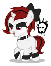 Size: 2340x3020 | Tagged: safe, artist:strategypony, imported from derpibooru, oc, oc only, oc:bubbles, oc:lilith, pony, succubus, unicorn, blank flank, bow, collar, cute, eyeshadow, female, filly, high res, horn, ink, lidded eyes, makeup, ocbetes, open mouth, open smile, raised hoof, simple background, skull, smiling, transparent background, unicorn oc