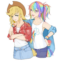 Size: 500x522 | Tagged: artist needed, source needed, safe, artist:yumu3699, imported from derpibooru, applejack, rainbow dash, human, appledash, applejack's hat, arm on shoulder, cowboy hat, crossed arms, female, hat, humanized, lesbian, looking at each other, ponytail, shipping, simple background, smiling, white background