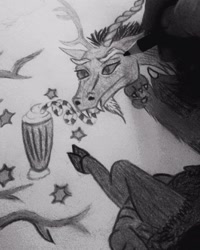 Size: 937x1171 | Tagged: safe, imported from derpibooru, discord, draconequus, black and white, food, grayscale, irl, irl photo, monochrome, paper, shake, sketch, sketchbook, stars, straw, sweet, traditional art, whipped cream, wip