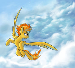 Size: 1280x1152 | Tagged: safe, artist:rocket-lawnchair, imported from derpibooru, spitfire, pegasus, pony, cloud, female, flying, grin, looking back, mare, sky, smiling, solo, spread wings, wings