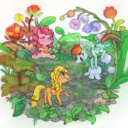 Size: 1200x1200 | Tagged: safe, artist:aliwoodruff, artist:wormdraws, imported from derpibooru, applejack, pinkie pie, rainbow dash, earth pony, pegasus, pony, colored eyelashes, eating, eyes closed, flower, flying, food, garden, hatless, herbivore, miniaturized, missing accessory