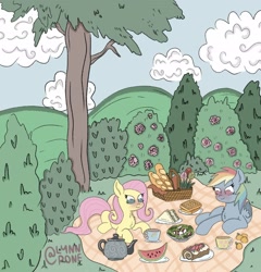 Size: 1970x2048 | Tagged: safe, artist:lynnpone, imported from derpibooru, fluttershy, rainbow dash, pegasus, pony, blushing, bread, bush, chest fluff, cloud, female, flower, flutterdash, food, herbivore, lesbian, picnic, sandwich, shipping, teapot, tree, waffle, watermelon