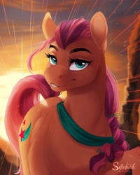 Size: 2400x3000 | Tagged: safe, artist:silentwulv, imported from derpibooru, sunny starscout, earth pony, pony, braid, cloud, cute, female, g5, high res, looking at you, mare, signature, sky, solo, sun, sunnybetes, sunset