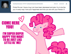 Size: 652x500 | Tagged: safe, artist:askpinkiepieandfriends, imported from derpibooru, pinkie pie, earth pony, pony, ask, bipedal, female, incoming hug, mare, outstretched arms, simple background, solo, tumblr, white background