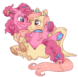 Size: 1280x1263 | Tagged: safe, artist:universalheart, imported from derpibooru, fluttershy, pinkie pie, earth pony, pegasus, pony, blushing, female, flutterpie, frog (hoof), holding a pony, lesbian, mare, missing cutie mark, shipping, simple background, transparent background, underhoof, wingding eyes