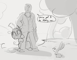 Size: 1089x850 | Tagged: safe, artist:dotkwa, imported from derpibooru, oc, oc:anon, human, pony, rabbit, animal, dialogue, duo, female, grayscale, guardsmare, hiding, mare, monochrome, royal guard, scared