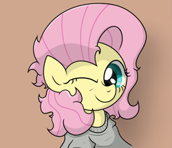 Size: 2359x2026 | Tagged: safe, artist:background basset, imported from derpibooru, fluttershy, pegasus, pony, bust, clothes, high res, looking at you, one eye closed, simple background, solo, tomboy, wink, winking at you