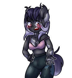 Size: 2800x3000 | Tagged: safe, artist:0blackster, artist:ranillopa, imported from derpibooru, oc, oc only, anthro, bat pony, pony, bat pony oc, bat wings, belly button, blushing, bra, breasts, clothes, commission, digital art, embarrassed, female, frilly underwear, high res, pants, pink underwear, simple background, solo, striped underwear, tail, tight clothing, underwear, white background, wings