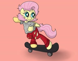 Size: 4096x3204 | Tagged: safe, artist:background basset, artist:backgroundbasst, imported from derpibooru, fluttershy, pegasus, pony, bipedal, clothes, female, mare, pants, ripped pants, shirt, skateboard, smiling, solo, torn clothes