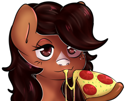 Size: 5000x4000 | Tagged: safe, artist:0blackster, artist:ranillopa, imported from derpibooru, oc, oc only, earth pony, pony, bedroom eyes, commission, digital art, eating, female, food, looking at you, mare, pizza, solo, tomato pizza