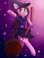 Size: 3000x4000 | Tagged: safe, artist:0blackster, artist:ranillopa, imported from derpibooru, oc, oc only, earth pony, pony, broom, clothes, commission, digital art, female, flying, flying broomstick, hat, hooves, mare, open mouth, shirt, skirt, solo, tail, witch, witch hat
