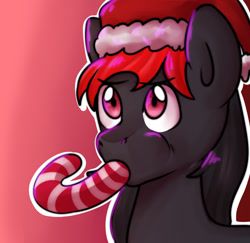 Size: 1280x1245 | Tagged: safe, artist:0blackster, artist:ranillopa, imported from derpibooru, oc, oc only, earth pony, pony, candy, candy cane, christmas, commission, digital art, eating, food, hat, holiday, male, santa hat, simple background, solo, stallion, tail
