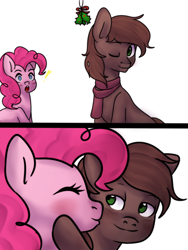 Size: 6000x8000 | Tagged: safe, artist:0blackster, artist:ranillopa, imported from derpibooru, oc, earth pony, pony, bedroom eyes, blushing, canon x oc, cheek kiss, clothes, comic, commission, digital art, duo, eyes closed, female, holly, holly mistaken for mistletoe, hooves, kiss on the cheek, kissing, male, mare, mistletoe, one eye closed, scarf, shipping, simple background, sitting, smiling, stallion, straight, white background, ych result