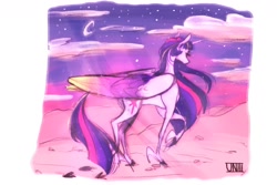 Size: 1280x853 | Tagged: safe, artist:uniiiqueart, imported from derpibooru, twilight sparkle, alicorn, pony, the last problem, cloud, cloudy, colored wings, female, folded wings, horn, mare, moon, multicolored wings, night, older, older twilight, princess twilight 2.0, solo, stars, twilight sparkle (alicorn), walking, wings