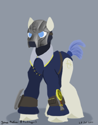Size: 1100x1400 | Tagged: safe, artist:rockhoppr3, imported from derpibooru, oc, oc only, earth pony, pony, clothes, dishonored, gun, lineless, male, mask, simple background, solo, stallion, sword, unshorn fetlocks, weapon