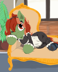 Size: 1024x1280 | Tagged: safe, artist:mrleft, imported from derpibooru, oc, oc only, oc:withania nightshade, earth pony, original species, plant pony, pony, brown eyes, brown mane, brown tail, clothes, couch, earth pony oc, fainting couch, female, green coat, horse shoes, indoors, looking at you, looking up, maid, one eye closed, plant, smiling, solo, squishy cheeks, window