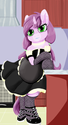 Size: 1038x1920 | Tagged: safe, artist:mrleft, imported from derpibooru, oc, oc only, oc:mulberry tart, pony, semi-anthro, unicorn, bipedal, bipedal leaning, cabinet, chubby, clothes, coat markings, female, freckles, green eyes, horn, horse shoes, kitchen, leaning, looking at you, maid, makeup, oven, pink coat, punk, purple mane, purple tail, solo, spikes, unicorn oc, unmoving plaid