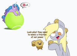 Size: 1726x1260 | Tagged: safe, artist:artponie, artist:testostepone, edit, editor:fluttershyisnot adoormat, imported from derpibooru, derpy hooves, izzy moonbow, pegasus, pony, unicorn, ball, food, g5, horn, invincible, izzy's tennis ball, meme, muffin, muffin man, simple background, tennis ball, that pony sure does love muffins, that pony sure does love tennis balls, white background, wings, 🅱
