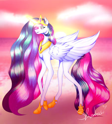 Size: 1280x1415 | Tagged: safe, artist:shizaharu, imported from derpibooru, princess celestia, alicorn, pony, beach, solo, sunset