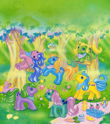 Size: 803x902 | Tagged: safe, edit, editor:catachromatic, imported from derpibooru, baby countdown, baby leaper, baby paws, baby racer, baby waddles, duck soup, bird, bluebird, earth pony, pony, apple, backcard, ball, banana, bandana, basket, carrot, colt, flower, food, forest, freckles, g1, male, nest, picnic, picnic basket, picnic blanket, playtime baby brother pony, rearing, sugar cubes, swing, tree, unshorn fetlocks