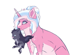 Size: 4000x3000 | Tagged: safe, artist:venommocity, imported from derpibooru, clear sky, oc, oc:thunderbird, pony, baby, baby pony, colt, female, high res, magical lesbian spawn, male, mother and child, mother and son, mouth hold, offspring, parent:clear sky, parent:rainbow dash, parents:cleardash, scruff, simple background, white background