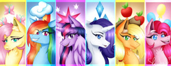 Size: 1280x497 | Tagged: safe, artist:shizaharu, imported from derpibooru, applejack, fluttershy, pinkie pie, rainbow dash, rarity, twilight sparkle, alicorn, earth pony, pony, unicorn, cutie mark background, female, mane six, mare, twilight sparkle (alicorn)