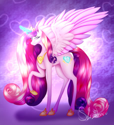 Size: 1280x1402 | Tagged: safe, artist:shizaharu, imported from derpibooru, princess cadance, alicorn, pony, abstract background, female, glowing horn, heart, horn, mare, raised hoof, solo