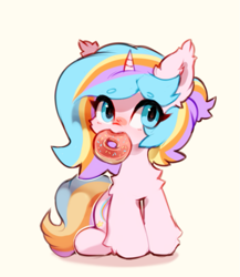 Size: 891x1026 | Tagged: safe, artist:astralblues, artist:starrcoma, imported from derpibooru, oc, oc only, pony, unicorn, chibi, donut, ear fluff, female, food, looking at you, mare, mouth hold, simple background, sitting, solo, sprinkles, white background