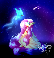 Size: 1280x1397 | Tagged: safe, artist:shizaharu, imported from derpibooru, fluttershy, butterfly, pegasus, pony, female, mare, night, shooting star, solo, stars