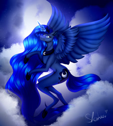 Size: 1280x1423 | Tagged: safe, artist:shizaharu, imported from derpibooru, princess luna, alicorn, pony, anatomically incorrect, cloud, female, flying, glowing horn, horn, incorrect leg anatomy, mare, solo