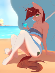 Size: 3000x4000 | Tagged: safe, artist:chapaevv, imported from derpibooru, oc, oc only, oc:littlepip, anthro, unguligrade anthro, fallout equestria, beach, breasts, cleavage, drink, explosion, female, horn, looking at you, ocean, patreon, patreon reward, sitting, solo, summer, umbrella, underboob