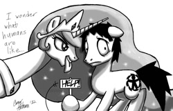 Size: 955x614 | Tagged: safe, artist:ceehoff, imported from derpibooru, princess celestia, oc, oc:connor, alicorn, earth pony, pony, princess molestia, earth pony oc, ethereal mane, female, hoof hold, jewelry, male, mare, monochrome, sign, signature, simple background, stallion, starry mane, talking, tiara, tongue out, white background, worried