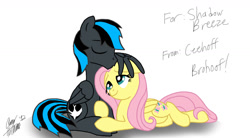 Size: 1446x797 | Tagged: safe, artist:ceehoff, imported from derpibooru, fluttershy, oc, pegasus, pony, canon x oc, female, hug, kissing, lying down, male, mare, prone, shipping, signature, simple background, smiling, stallion, straight, white background, winghug, wings