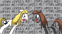 Size: 1445x795 | Tagged: safe, artist:ceehoff, imported from derpibooru, pony, unicorn, angry, broken english, dethklok, dethklop, duo, facial hair, gray background, male, moustache, ponified, signature, simple background, stallion, yelling