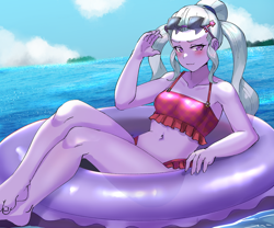 Size: 800x667 | Tagged: safe, artist:tzc, imported from derpibooru, sugarcoat, equestria girls, barefoot, belly button, blushing, clothes, cloud, feet, female, floaty, inner tube, looking at you, ocean, solo, sunglasses, swimsuit