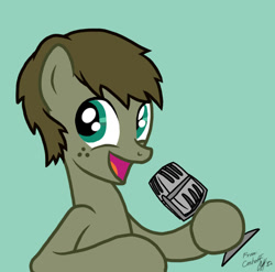 Size: 805x795 | Tagged: safe, artist:ceehoff, imported from derpibooru, oc, oc only, earth pony, pony, bust, earth pony oc, freckles, green background, hoof hold, male, microphone, open mouth, signature, simple background, smiling, solo, stallion