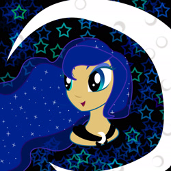 Size: 1920x1920 | Tagged: safe, artist:sarastudly, imported from derpibooru, princess luna, human, abstract background, bust, ethereal mane, eyelashes, female, humanized, solo, starry mane