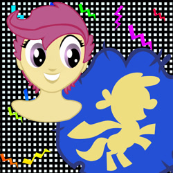 Size: 1440x1440 | Tagged: safe, artist:sarastudly, imported from derpibooru, scootaloo, human, pony, abstract background, bust, eyelashes, female, grin, humanized, rearing, silhouette, smiling, solo