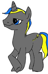 Size: 630x972 | Tagged: safe, artist:goldlines005, imported from derpibooru, oc, oc only, pony, unicorn, 1000 hours in ms paint, horn, male, raised hoof, simple background, smiling, solo, stallion, unicorn oc, white background