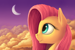 Size: 2500x1660 | Tagged: safe, alternate version, artist:ivg89, imported from derpibooru, fluttershy, pegasus, pony, cloud, crescent moon, cute, female, moon, profile, revised, shyabetes, solo