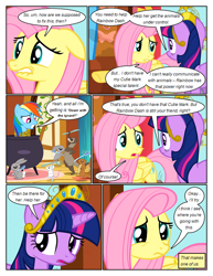 Size: 612x792 | Tagged: safe, artist:newbiespud, edit, edited screencap, imported from derpibooru, screencap, fluttershy, rainbow dash, twilight sparkle, ferret, pegasus, pony, rabbit, unicorn, comic:friendship is dragons, magical mystery cure, animal, big crown thingy, cauldron, comic, dialogue, element of magic, eyelashes, female, fluttershy's cottage, horn, jewelry, mare, open mouth, regalia, screencap comic, swapped cutie marks, tied up, unicorn twilight, wings, worried