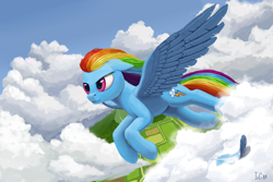 Size: 2000x1333 | Tagged: safe, alternate version, artist:ivg89, imported from derpibooru, rainbow dash, pegasus, pony, cloud, feather, female, flying, revised, scenery, solo, windswept mane