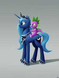 Size: 1650x2200 | Tagged: safe, alternate version, artist:ivg89, imported from derpibooru, princess luna, spike, alicorn, dragon, pony, dragons riding ponies, duo, jewelry, regalia, revised, riding, s1 luna, spike riding luna