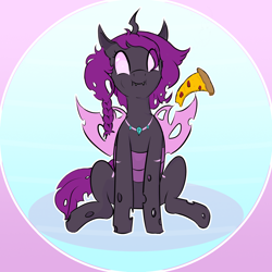 Size: 2000x2000 | Tagged: safe, artist:solos, imported from derpibooru, oc, oc only, oc:coco (changeling), changeling, changeling queen, braid, changeling queen oc, eating, female, food, high res, pizza, purple changeling, spread wings, wings