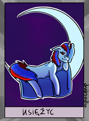 Size: 580x790 | Tagged: safe, artist:draksodia, imported from derpibooru, oc, oc:snowi, pony, unicorn, blue hair, card, female, full body, horn, looking at you, mare, mare in the moon, moon, neigh, polish, red and blue, red eyes, red hair, white pony