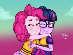 Size: 4000x3000 | Tagged: safe, artist:yumomochan, imported from derpibooru, pinkie pie, sci-twi, twilight sparkle, human, equestria girls, equestria girls series, spring breakdown, spoiler:eqg series (season 2), blushing, cheek squish, cute, diapinkes, duo, duo female, female, glasses, hug, humanized, smiling, squishy cheeks, twiabetes